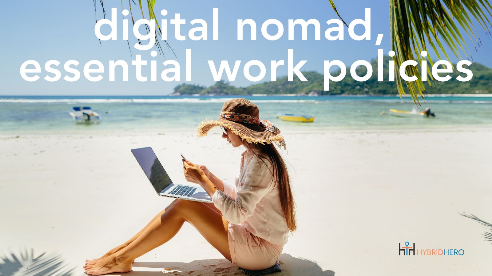 a woman sitting on a beach using a laptop - digital nomad