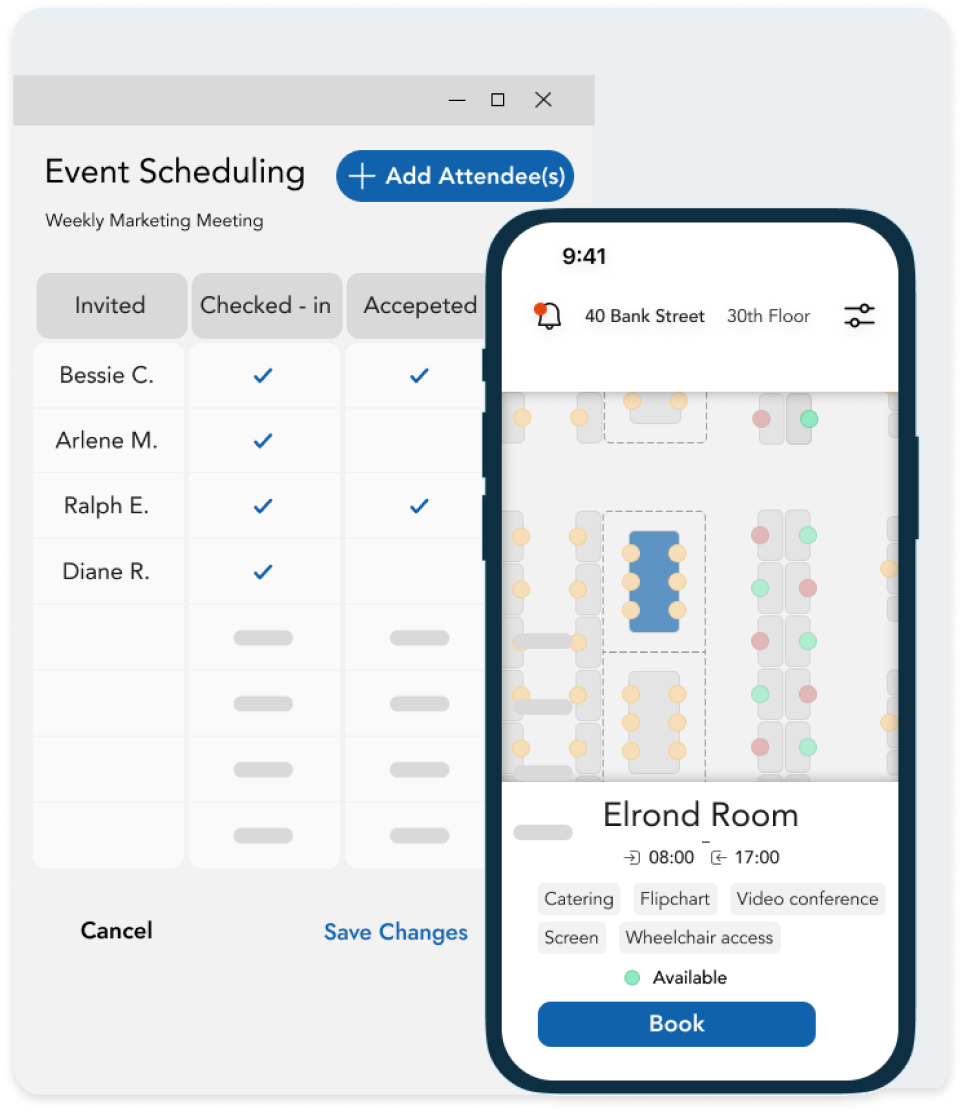 HybridHero meeting room booking on desktop and mobile
