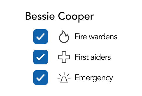 HybridHero interface assigning fire warden, first aider, and emergency responder roles to an employee
