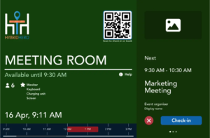 Modern meeting room panel displaying real-time room booking status.