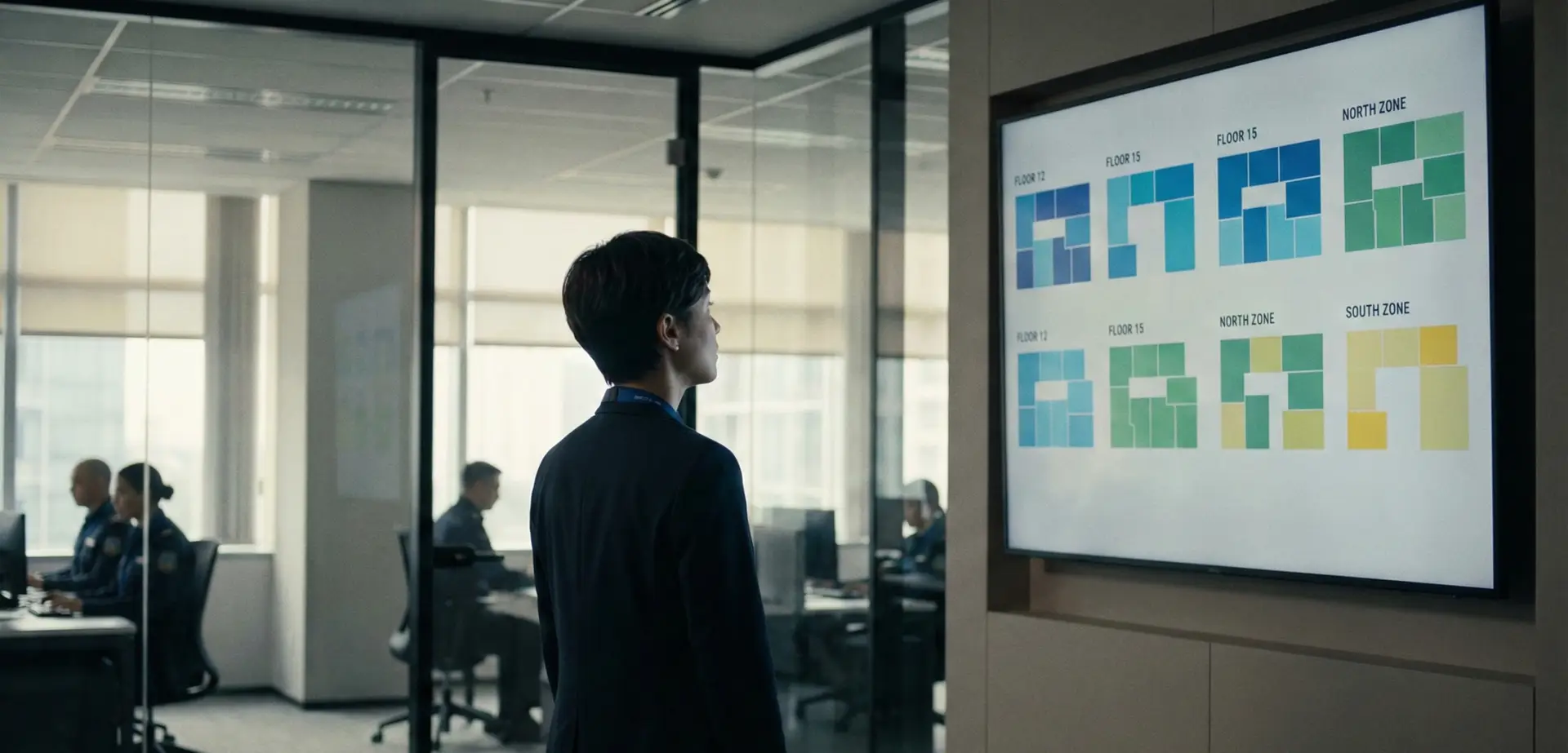 Workplace safety manager viewing a real time building occupancy dashboard during an emergency