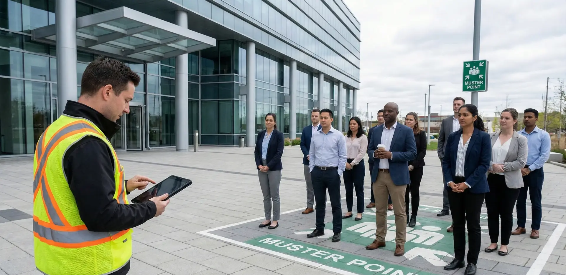 Fire warden performing a digital roll call at a muster point using a tablet with a live headcount list