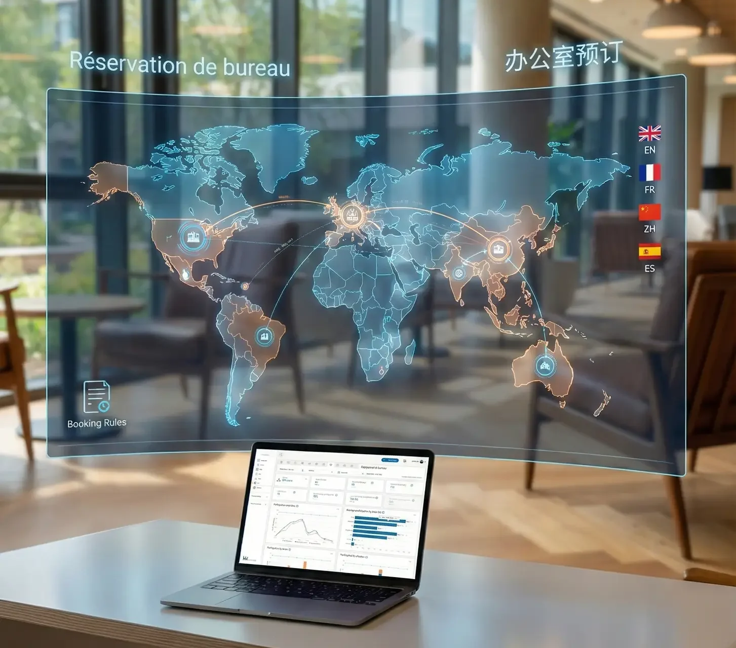 Global workplace map showing multilingual hybrid workplace management capabilities