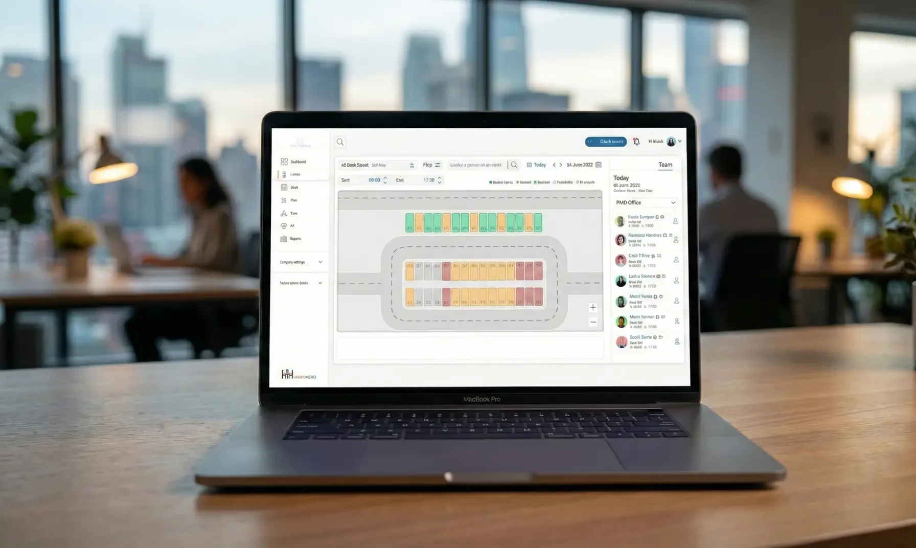 Modular hybrid workplace software interface showing configurable components for desk booking, parking and visitor management