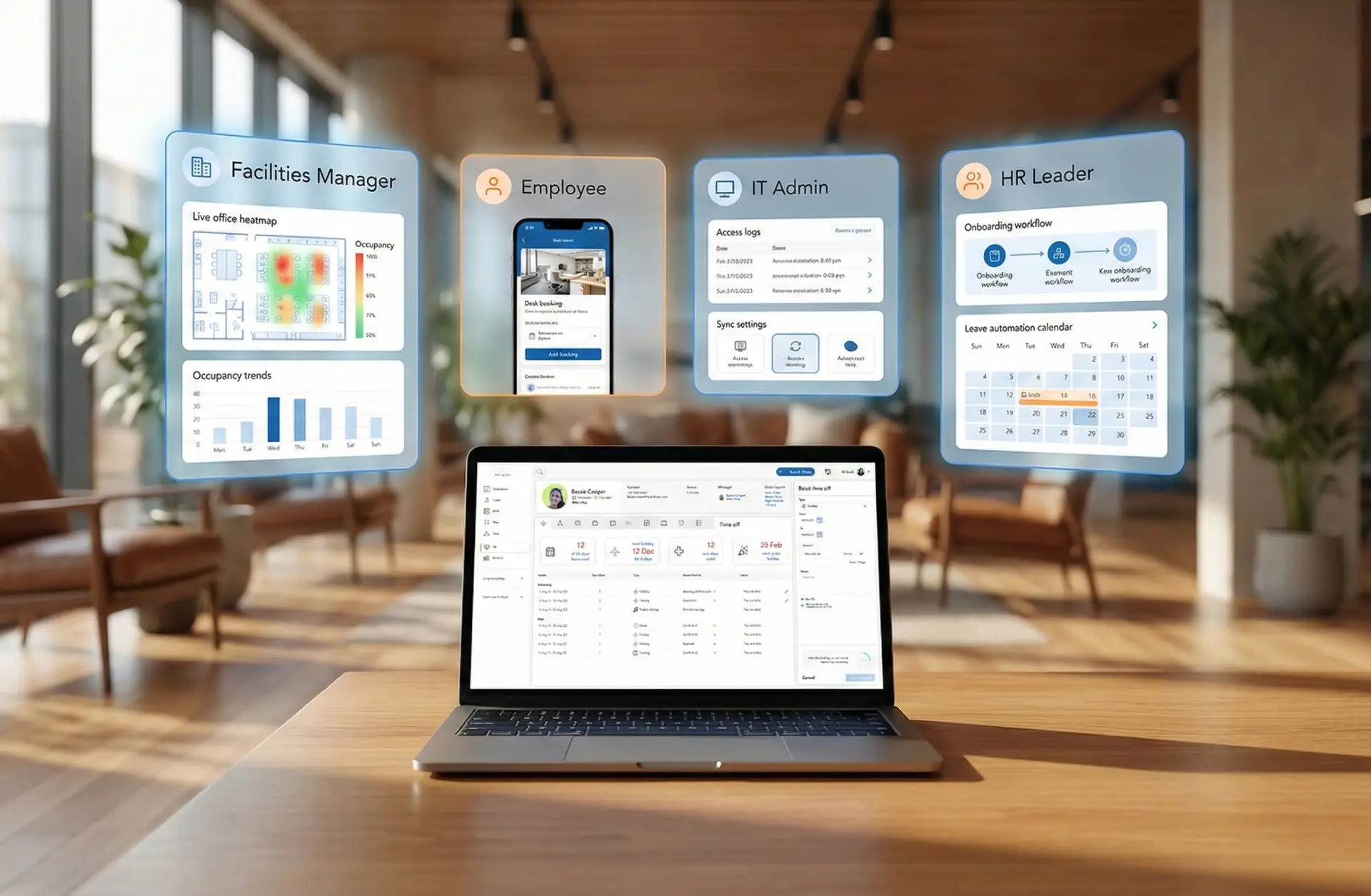 HybridHero personalised user dashboard showing tailored role-based workplace management views