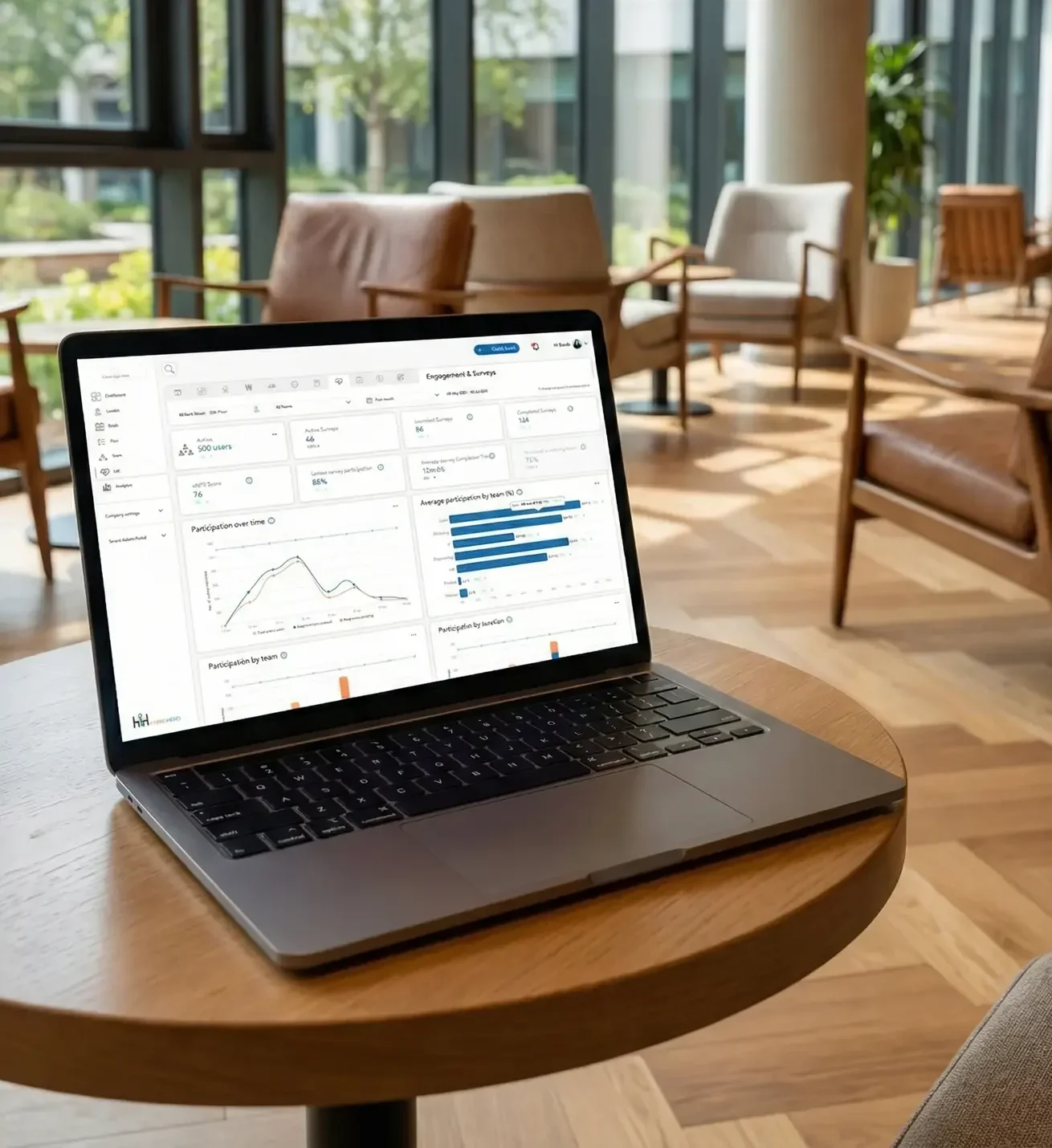 Workplace reporting and analytics dashboard showing occupancy trends and utilisation data for office management