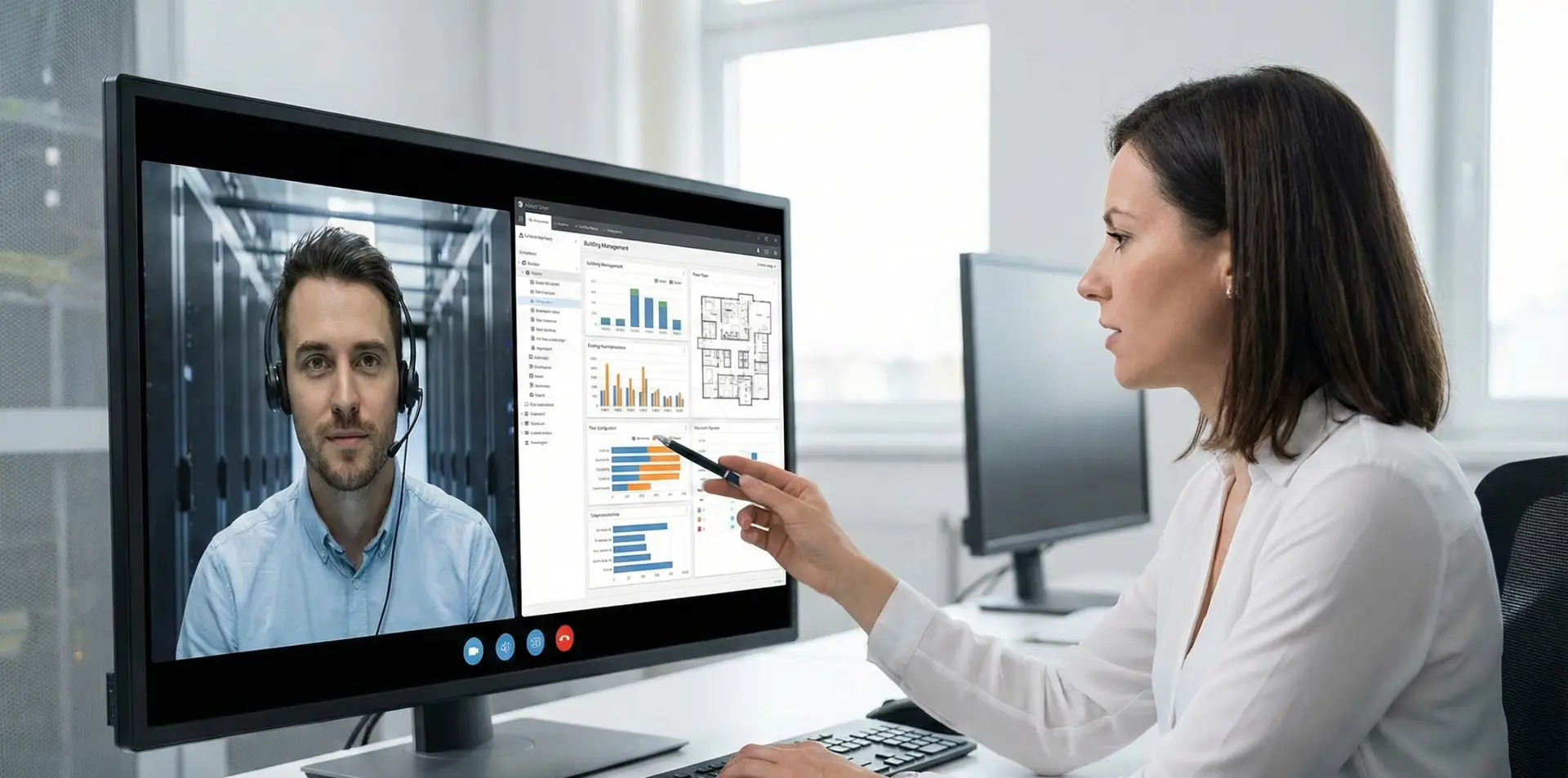Support specialist assisting a facilities manager with workplace software