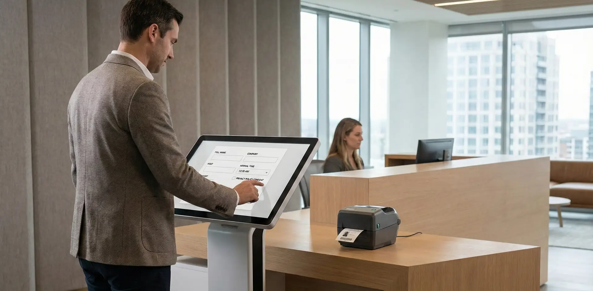 Workplace experience manager guiding a visitor through a smooth, professional check-in process
