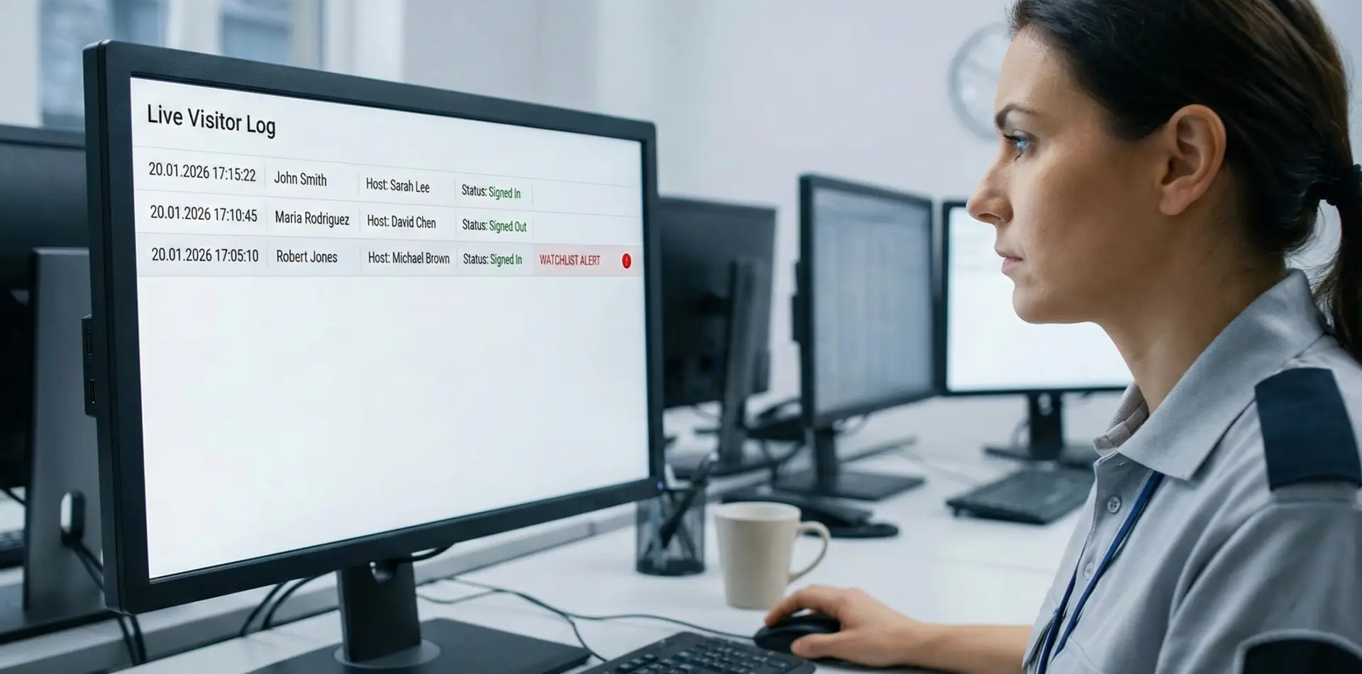 Security or facilities team viewing real time visitor list and alerts on a dashboard