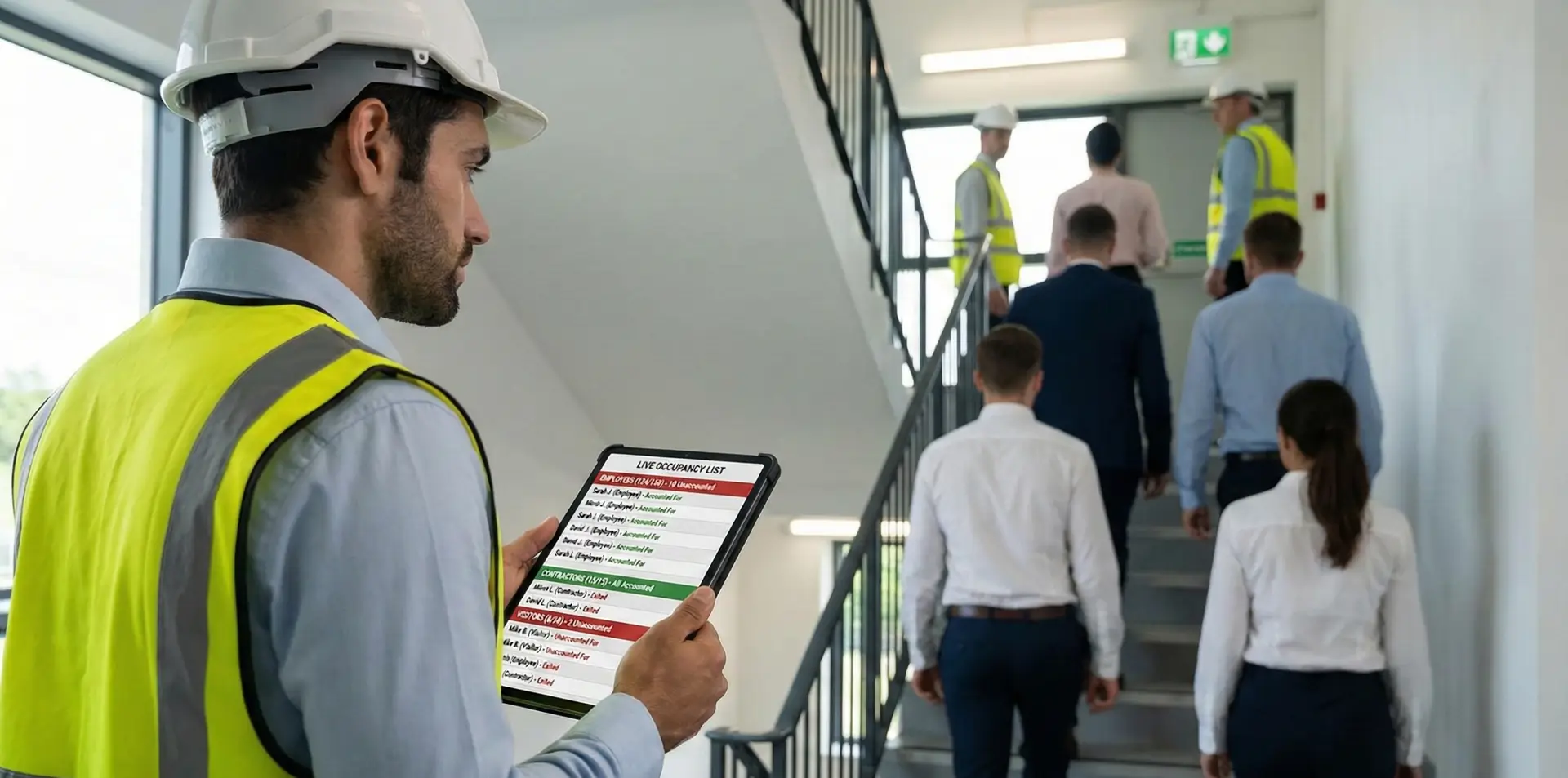 Emergency warden using a tablet to run a digital roll call including visitors and contractors