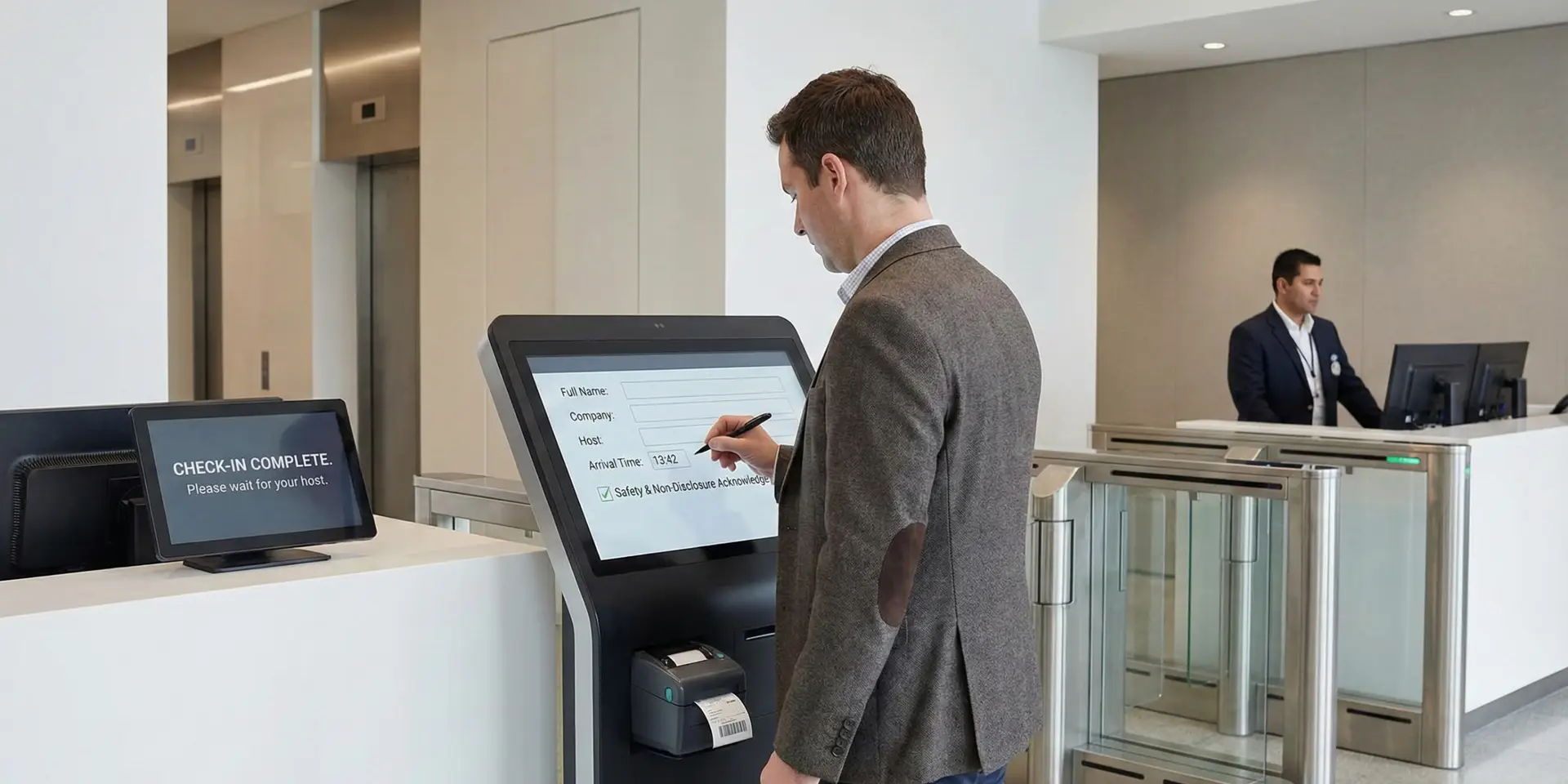 Visitor or contractor completing a digital sign in with required fields and safety acknowledgement