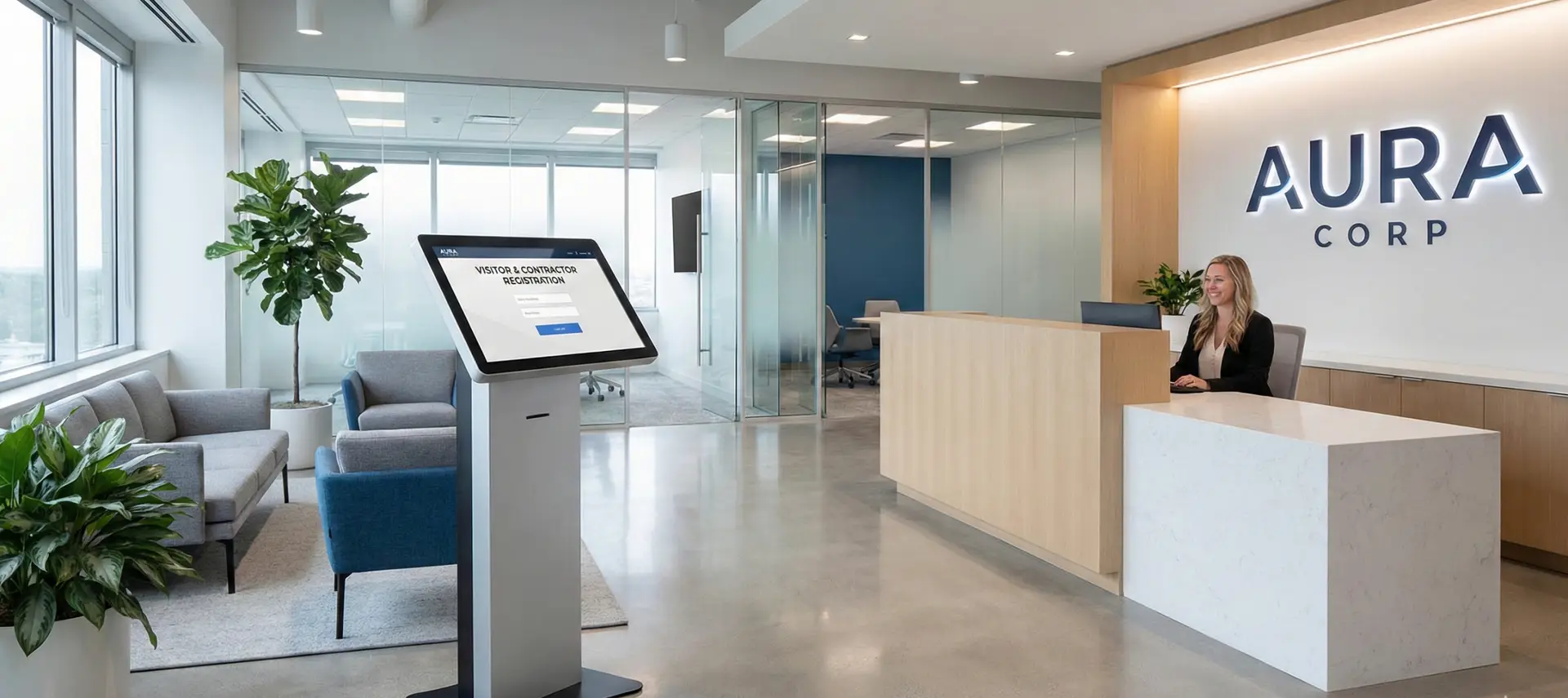 Visitor and contractor check-in kiosk at workplace reception
