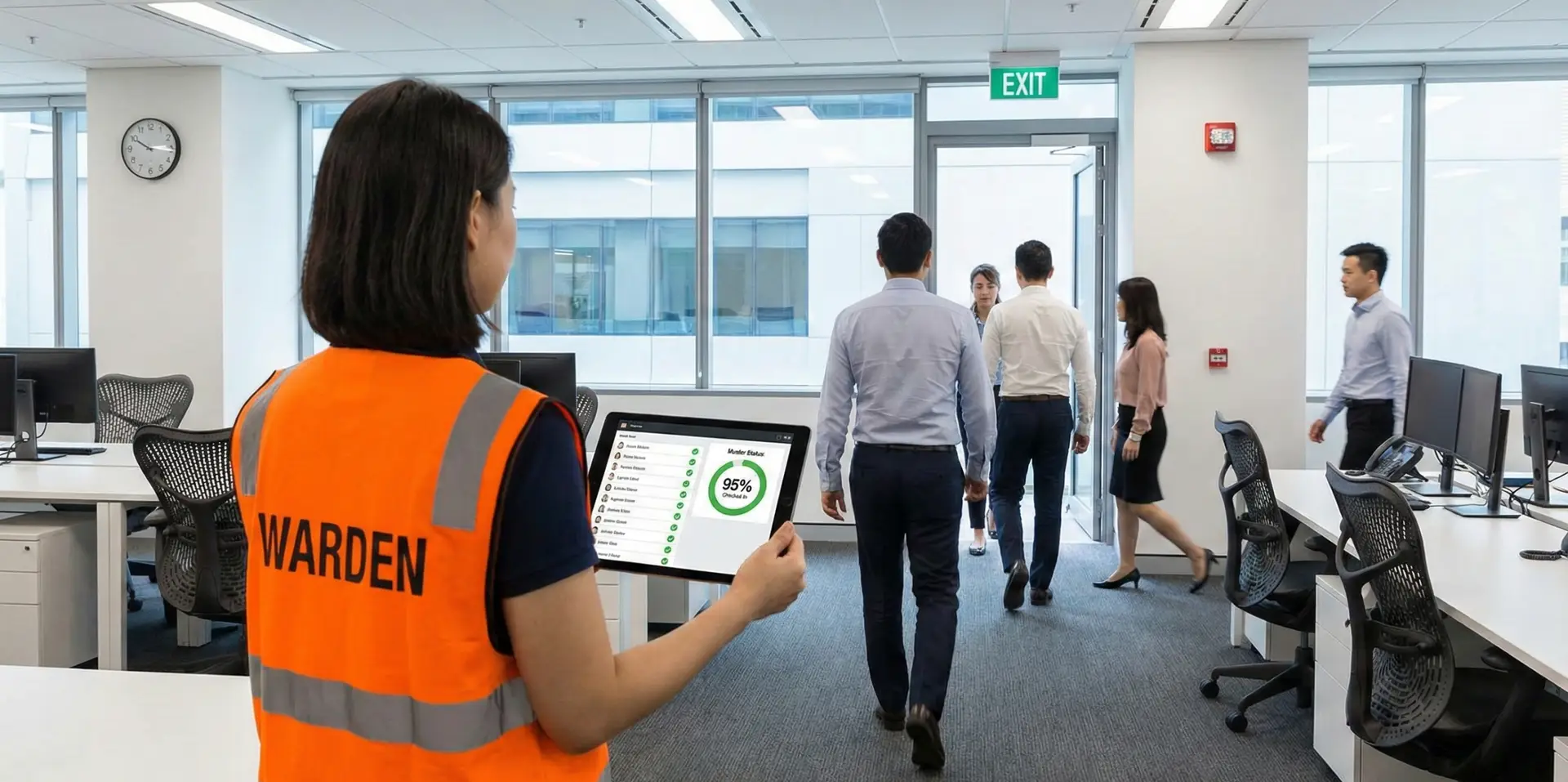 Emergency warden viewing a live occupancy list and muster status on a tablet during an evacuation drill