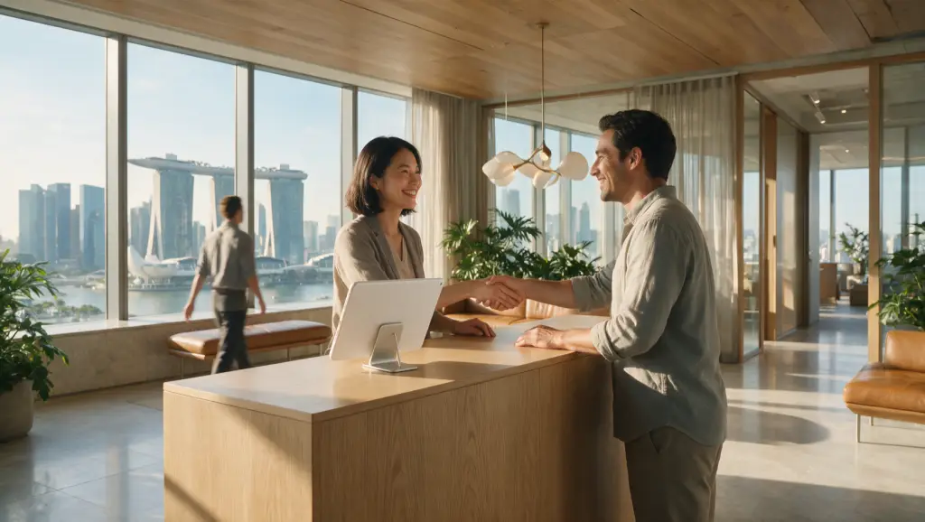 Singapore office reception with a visitor sign-in tablet on the counter and Marina Bay skyline behind