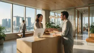 Singapore office reception with a visitor sign-in tablet on the counter and Marina Bay skyline behind
