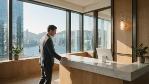 Hong Kong office reception with a visitor sign-in tablet on the counter and Victoria Harbour behind
