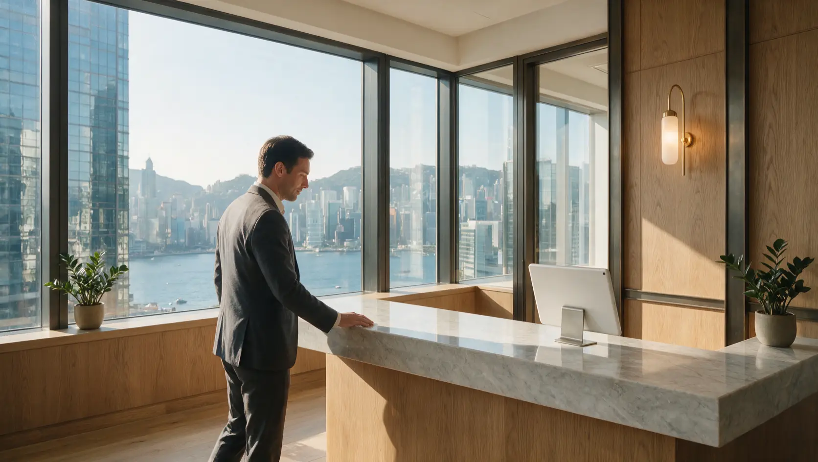 Hong Kong office reception with a visitor sign-in tablet on the counter and Victoria Harbour behind