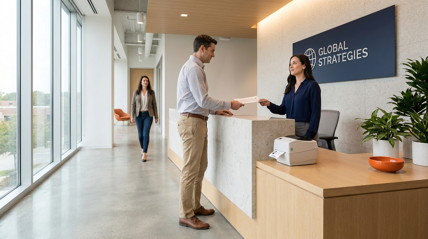 Professional visitor reception area with digital sign-in, badge printing, and a visitor being welcomed by their host