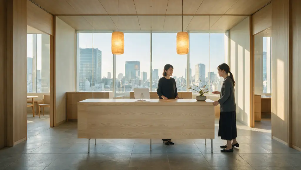 Tokyo office reception with a visitor sign-in tablet on a pale wood counter