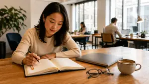 Workplace AI playbook 2026 — modern office with notebook and orange paper clip on a wooden table