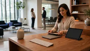 Office manager reception desk with visitor sign-in tablet and a fresh flower stem