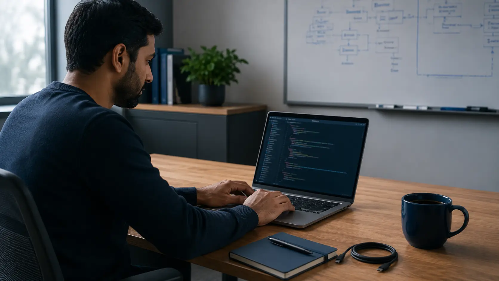 IT manager clean desk with open laptop and notebook in soft morning light