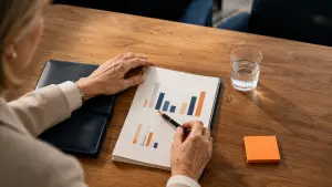 CFO boardroom desk top-down with printed quarterly report and fountain pen