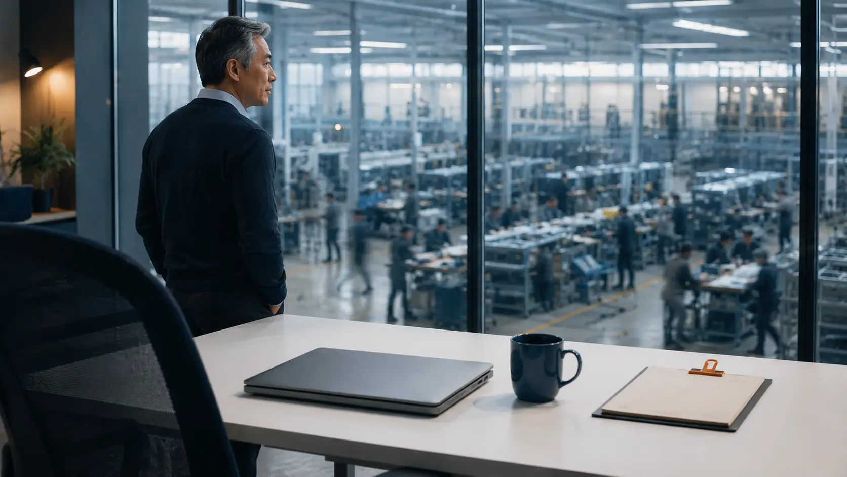 COO office with glass wall onto operations floor and clipboard with orange paper clip