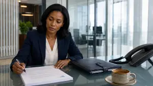 Financial services compliance desk with leather portfolio and printed document