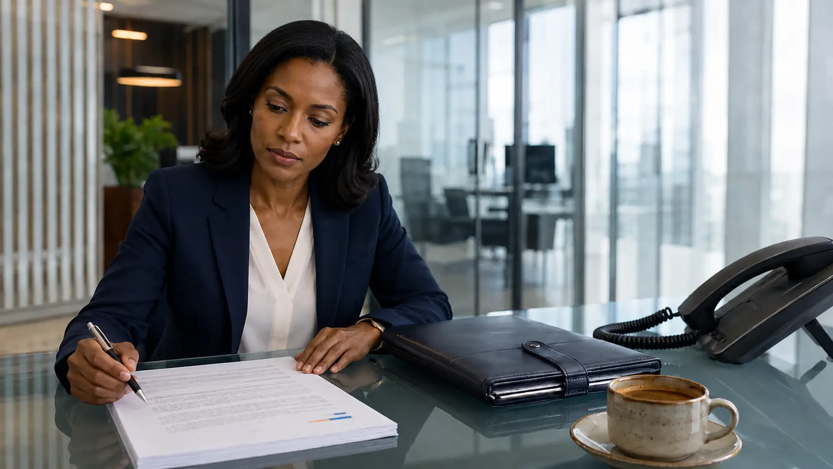 Financial services compliance desk with leather portfolio and printed document