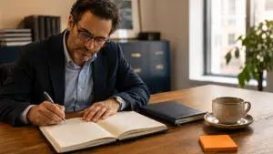 Accounting partner desk with handwritten ledger figures and orange post-it pad