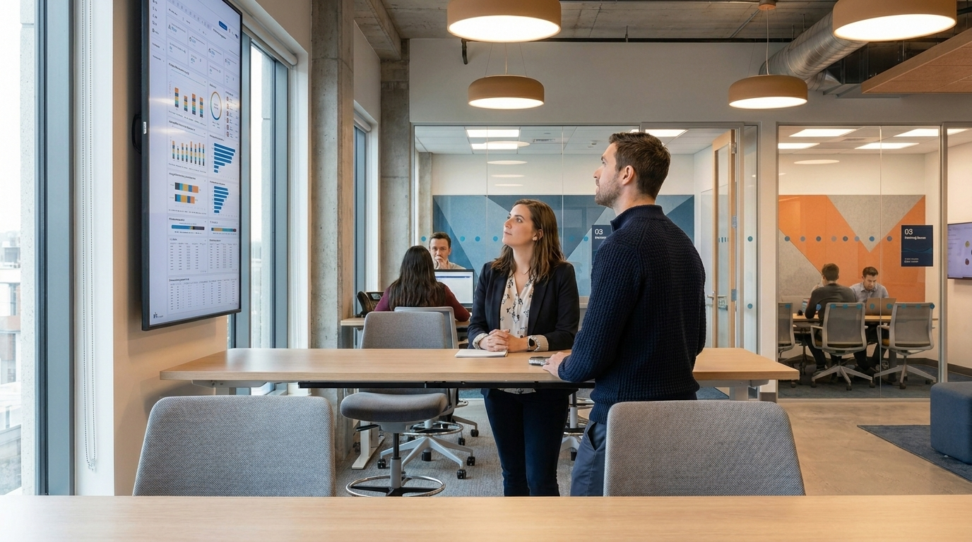 Two professionals reviewing office utilisation analytics on a wall-mounted dashboard showing occupancy heatmaps and trend data