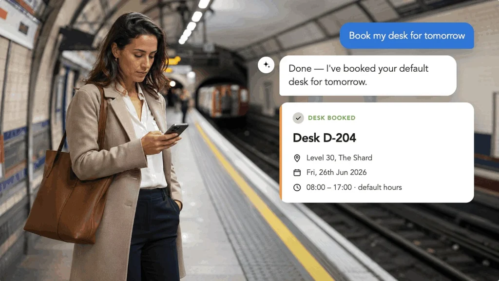 Person on a London Underground platform booking a desk with HybridHero AI
