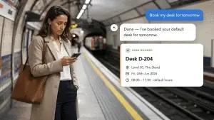 Person on a London Underground platform booking a desk with HybridHero AI