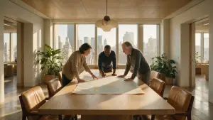 Colleagues reviewing a printed world map across an oak boardroom table with a city skyline behind