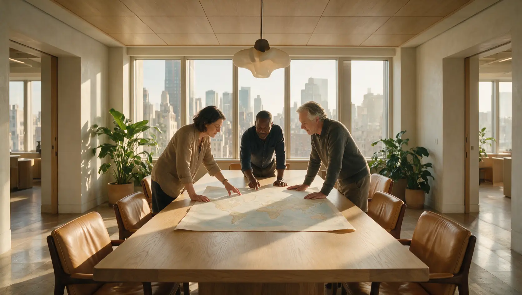 Colleagues reviewing a printed world map across an oak boardroom table with a city skyline behind