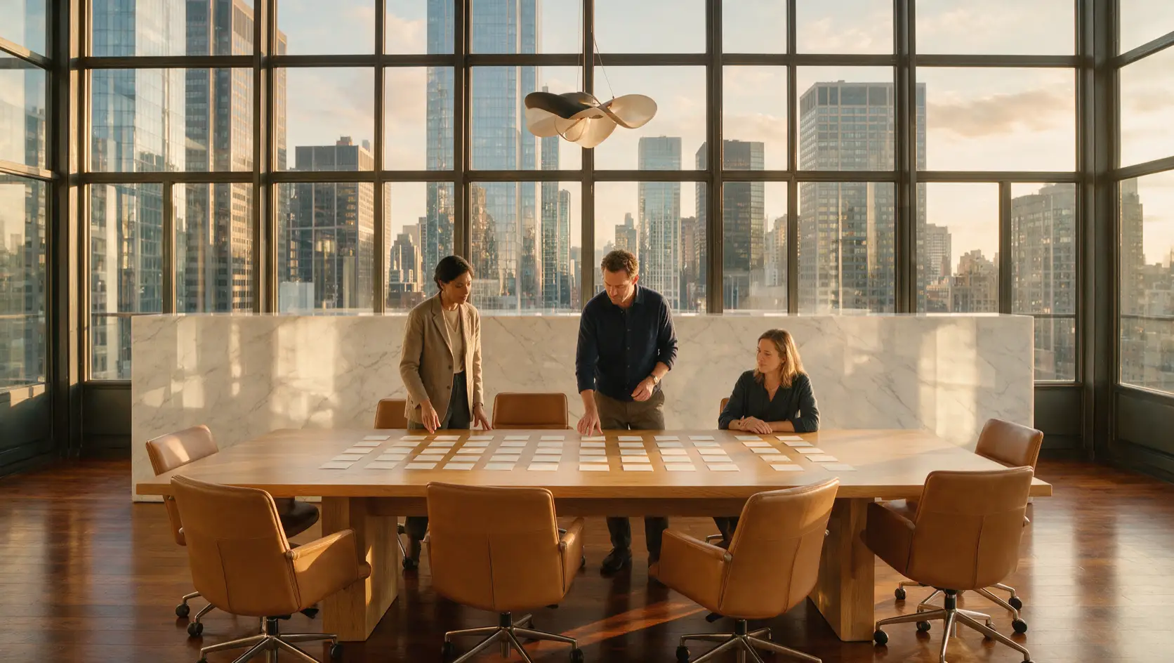 Colleagues considering a grid of blank planning cards on an oak meeting table