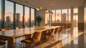 Empty sunlit office boardroom at golden hour with a long oak table and leather chairs