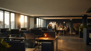 Empty hot desks at dusk with one glowing desk lamp while a team collaborates in the background