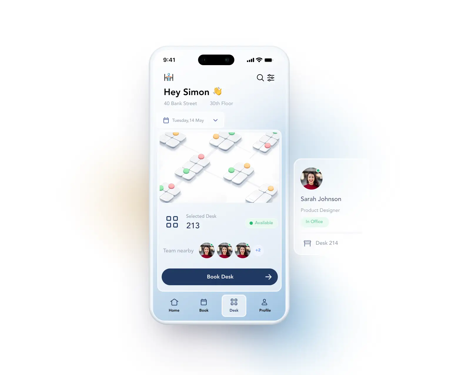 HybridHero floor map booking view showing rooms and desks with live status