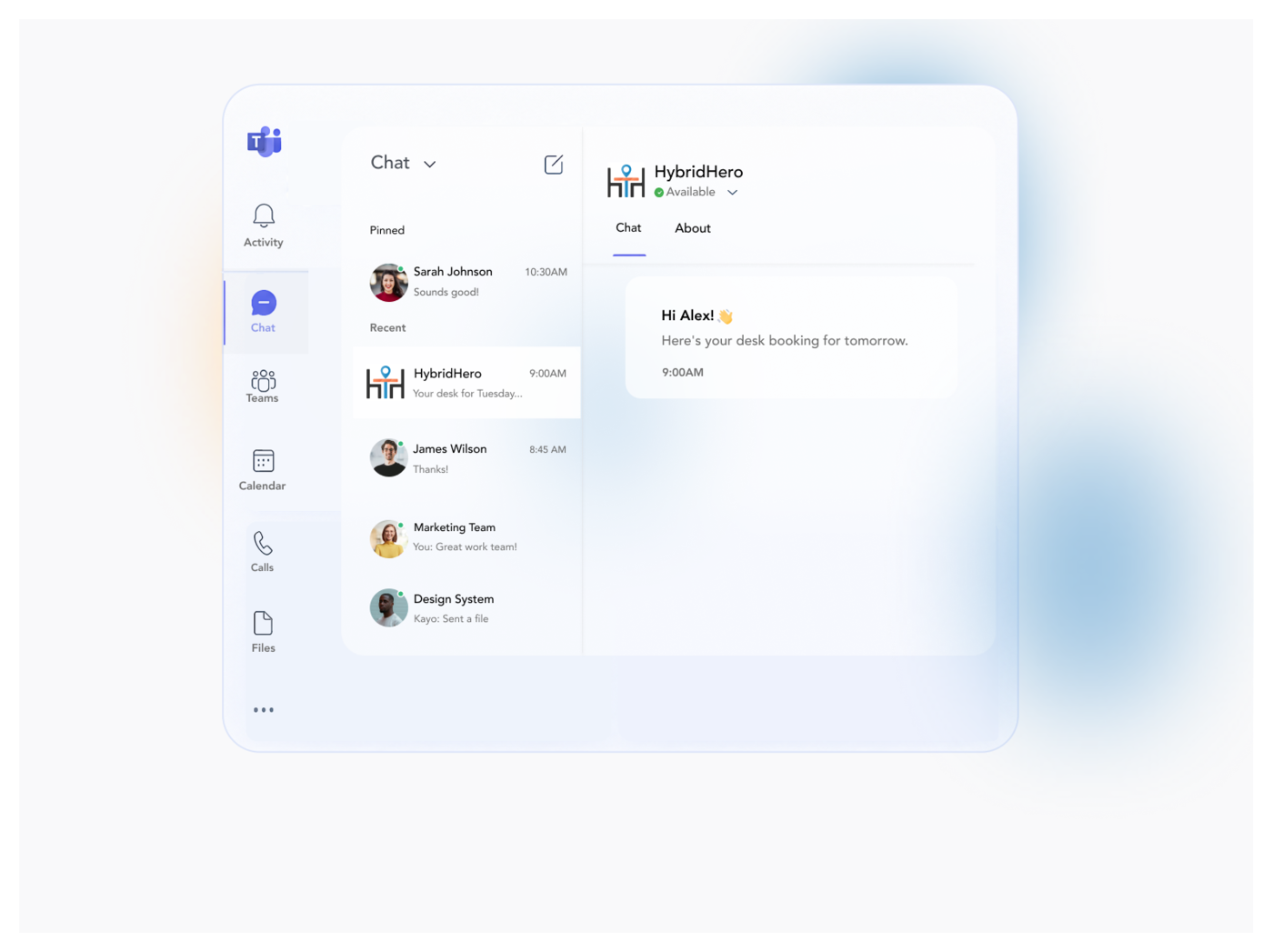 HybridHero booking confirmations and reminders delivered to Microsoft Teams